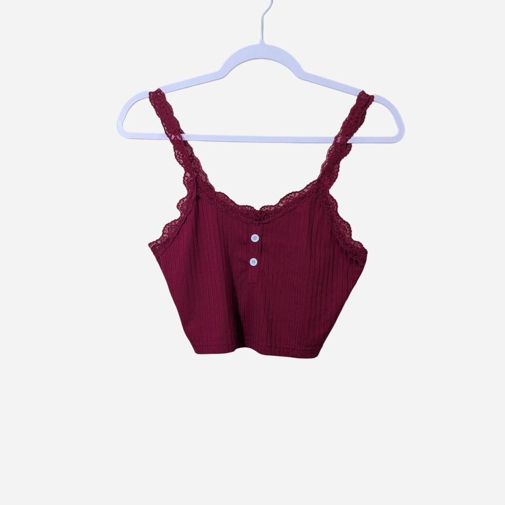 Burgundy Ribbed Lace Crop Cami Tank Top Coquette